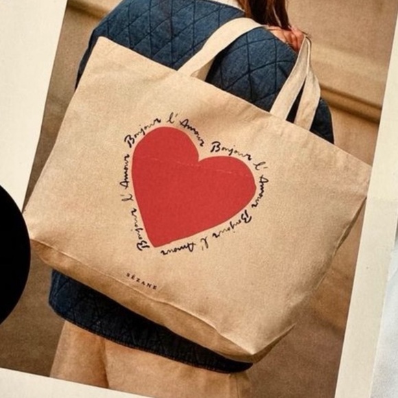 Sezane Handbags - NWOT! Sezane Limited Edition Mon Amour Red Heart Canvas Cream Ecru Tote Bag